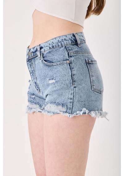 Eseclass Modern Kesim Yüksek Bel Püskül Paça Denim Şort Açık Mavi Açık Mavi