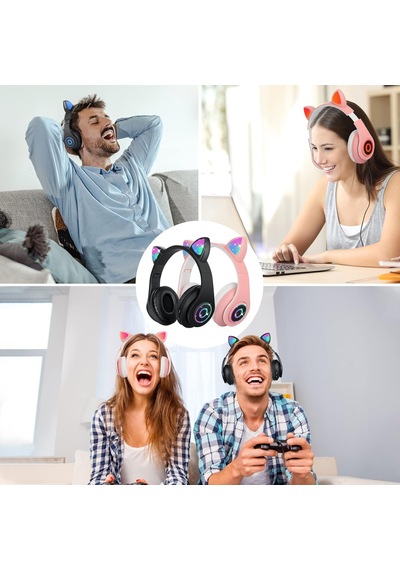 Çocuk Kulaklık, Kız Çocukları Bluetooth Kulak Üstü Sevimli Kedi Kulaklı Çocuk Kulaklığı Led Işıklı, Katlanabilir Kablosuz Çocuk Kulaklık Erkek Yetişkinler İçin Okul/tablet/pc/telefon
