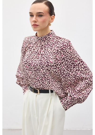 Sateen Desenli Bluz - Mürdüm-137130 Mürdüm