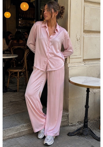 Madmext Pembe Saten Gömlek Pantolon Takım Mg2745