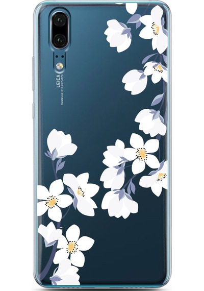 Huawei P20 Art White Flowers Tasarımlı Süper Şeffaf Telefon Kılıfı Çok Renkli