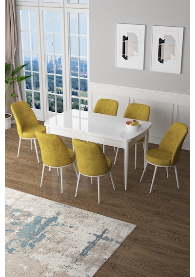 Canisa Concept Zen Serisi 80x132 Mdf Açılabilir Beyaz Mutfak Masası Takımı Ve 6 Hardal Sandalye Beyaz&hardal Takım Canisa Concept Zen Serisi 80x132 Mdf Açılabilir Beyaz Mutfak Masası Takımı Ve 6 Hardal Sandalye Beyaz&hardal Takım