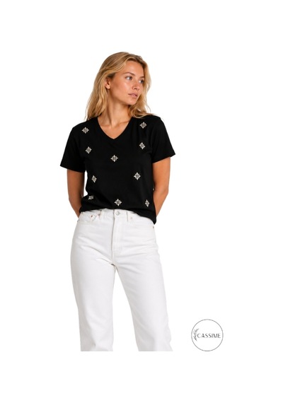 Cassime Kadın Siyah Çiçek Taşlı %100 Pamuk Relaxed Fit Basic Tişört