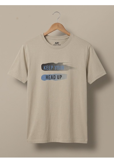 Maccali Erkek Bej Keep Your Head Up Baskılı Bisiklet Yaka Bol Kesim Tişört