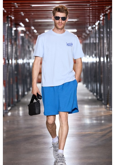 Grımelange Roomy Erkek %100 Organik Pamuklu Yuvarlak Yakalı Baskı Detaylı Comfort Fit Mavi T-shirt