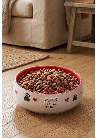 Tekli Seramik Kedi Desenli 600 Ml Kırmızı-mama Kabı Kedi Köpek Mama Su Kabı
