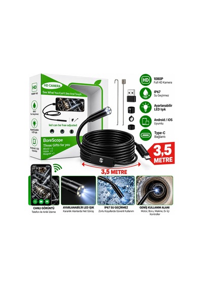 Hd 3.5 Metre- Su Geçirmez Yılan Kamera Ip67 Sertifikalı Led Işıklı Android Destekli Çok Renkli