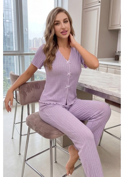 Bella Notte Lila Kısa Kollu V Yaka Pamuklu Fiyonklu Pijama Takımı
