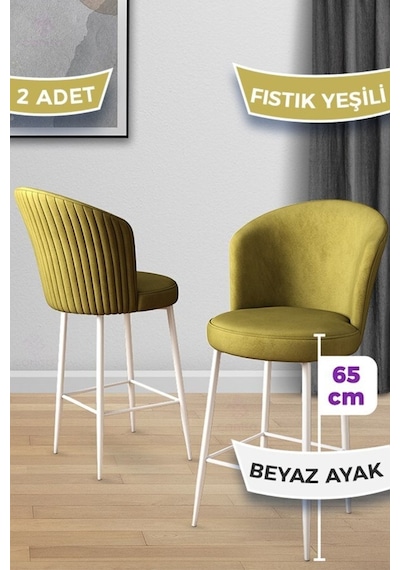 Canisa Alte Serisi 2 Fıstık Yeşili Sandalye 65 Cm Ada Mutfak Bar Sandalyesi Babyface Kumaş Beyaz Metal Ayak Masa Beyaz Sandalye Fıstık Yeşili Ayaklar Beyaz