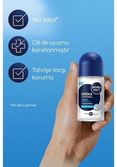 Men Erkek Roll-on Deodorant Derma Control Defend 50ml, 72 Saat Anti-perspirant, Alkolsüz, Hyaluron