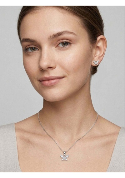 Oya Silver Minimal Modern Zirkon Taşlı Kelebek Gümüş Kolye Küpe Seti Oysy270