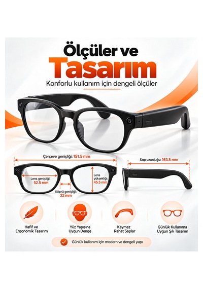 Yapay Zeka Destekli Akıllı Gözlük 8 Mp Kamera, 1080p Video, Wi-fi, Fotokromik Lens Ve 3 Lens Seti