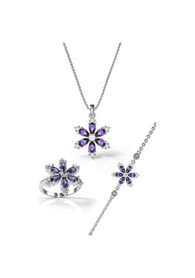 925 Ayar Ametist Taşlı Rodyum Lotus Çiçeği 3'lü Gümüş Set Gümüş