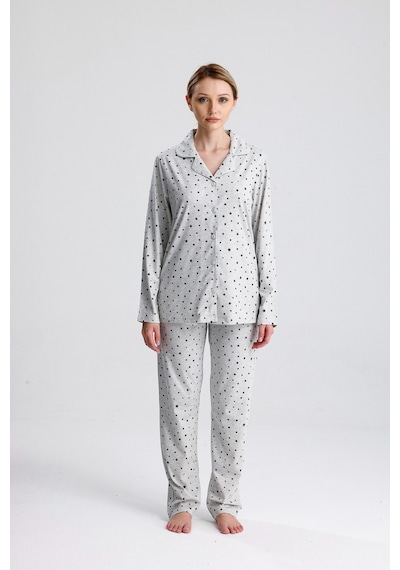 Yeni İnci Yıldız Desen Pamuk Kadın Pijama Takım Gri