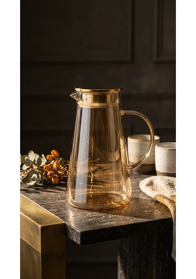Premium Borosilikat Cam Gold Sürahi 1.9 L Isıya Dayanıklı Çay & Detoks Sürahisi