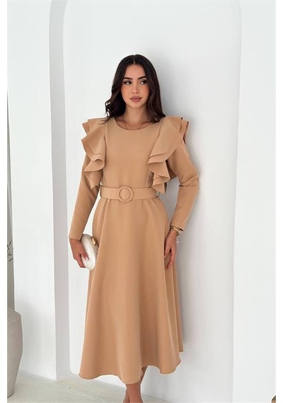 Neşeli Butik Kadın Kol Fırfırlı Kemerli Midi Boy Elbise Nbk4309 Bej