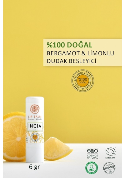 %100 Doğal Dudak Besleyici Bergamot & Limon Bitkisel Nemlendirici Dudak Bakım Kremi 6 G