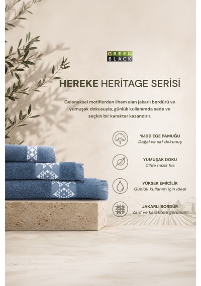 Hereke Heritage Serisi 3 Lü Havlu Seti Krem Bordürlü Koyu Mavi, %100 Ege Pamuğu, Jakarlı Dokuma, 3 Parça Havlu Seti