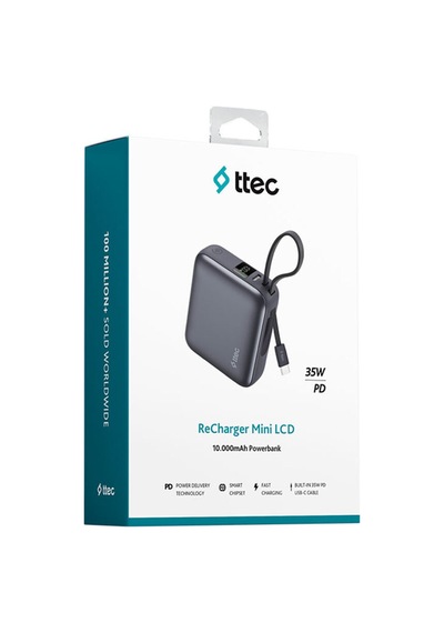 Recharger Mini Lcd 10.000mah Pd 35w Usb-c Dahili Kablolu Taşınabilir Hızlı Şarj Aleti/powerbank Gri