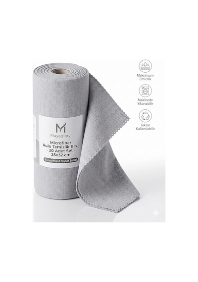20 Li Rulo Mikrofiber Temizlik Bezi - 25x32 Cm Süper Emici Yıkanabilir Kurulama Bezi - Mutfak, Gri