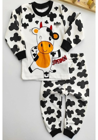 Bilge Trend İnek Baskılı Kız Erkek Bebek Çocuk Pijama Takımı Beyaz
