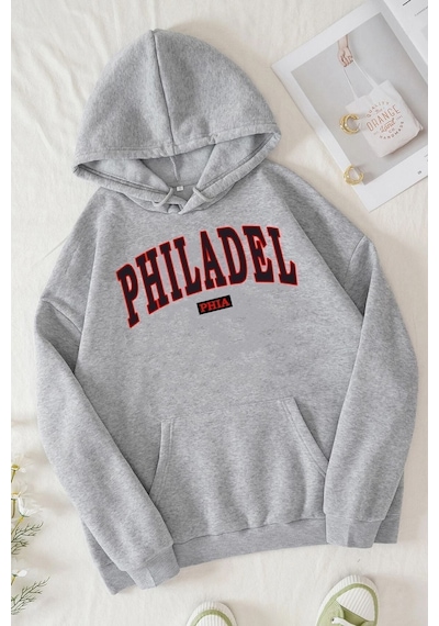 Uyguntarz Unisex Philadelphia Baskılı Sweatshirt Gri
