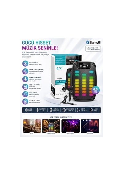 Gts-1793 Bluetooth Speaker Mikrofonlu Taşınabilir Şarjlı Kablosuz Hoparlör Rgb Fm Radyo Hafıza Kartı Ve Usb Girişli Led Işıklı 10w Parti Speaker