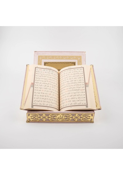 Raşel Kutulu Hediyelik Kuran-ı Kerim Orta Boy, Bebe Pembe, Elif-vav Gold Pleksi