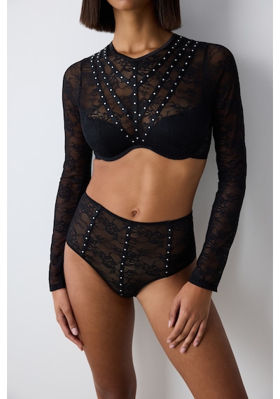 Penti Shinny Lace Dantel Uzun Kollu Siyah Croplet