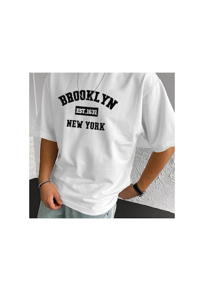Caddemia Yaz  Moda Rahat Gevşek Spor Brooklyn Desen Baskılı Yuvarlak Boyun Kısa Beyaz 2XL