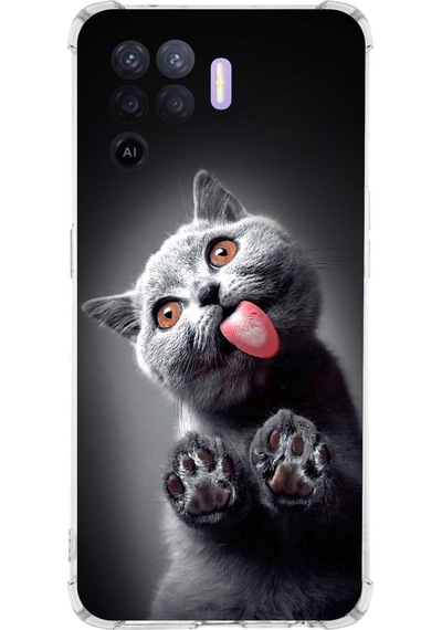 Oppo A94 Uyumlu Kedi 2 Baskılı Şeffaf Köşe Korumalı Antişok Kılıf