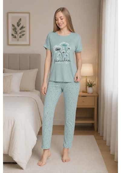 Senfoni Kadın Bamboo Viskon Bisiklet Yaka Kısa Kol Pijama Takımı 10337 -1 Adet Yeşil