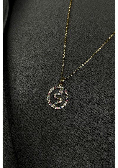 Mooni Accessories Yılan Model Renkli Zirkon Taş İşlemeli Gold Altın Renk 316L Kolye Altın