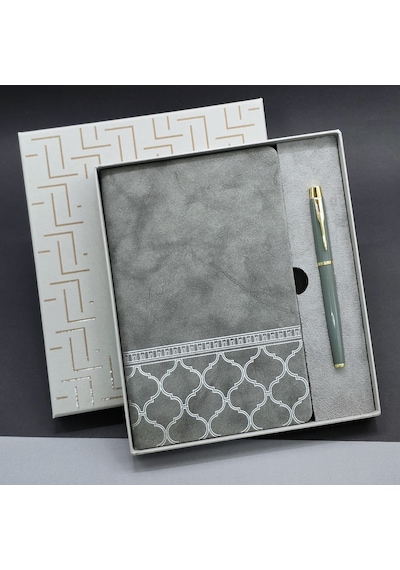 Gri Renk Defter Ve Metal Roller Kalem Seti