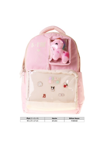 Calacilo Dört Bölmeli Peluşlu K-pop Pink Pembe Peluş Aksesuarlı Pembe Kız Çocuk İlkokul Sırt Çantası - C4107