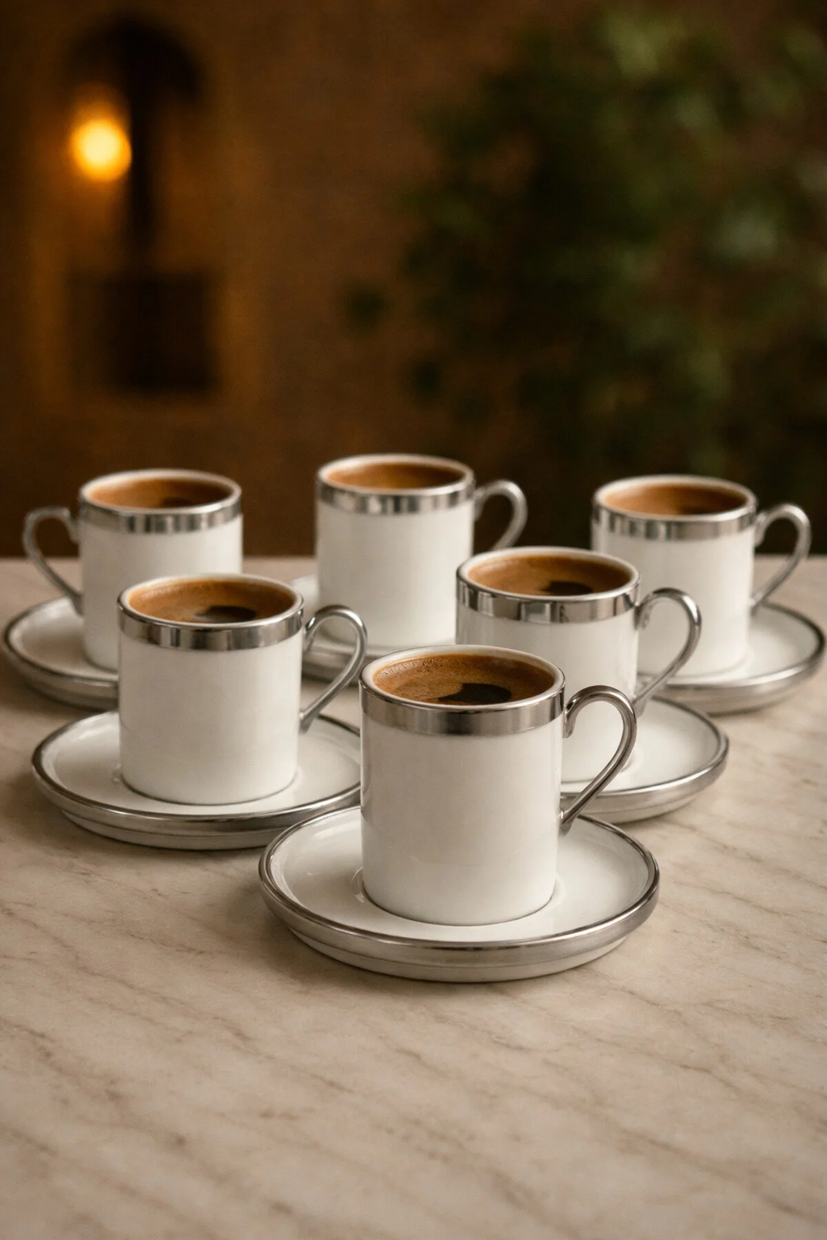 6 Kişilik Porselen Lüks Gümüş Platin Kaplama Kahve Fincan Takımı Seti 100ml Beyaz