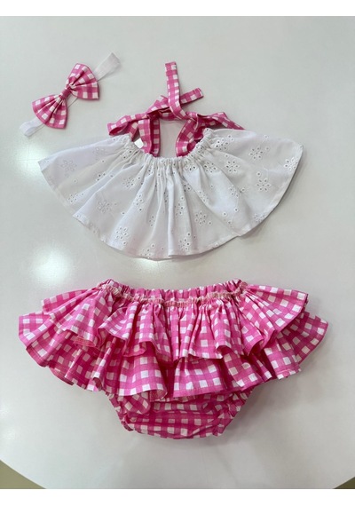 H L Y Karol Tasarım Pembe Kareli Crop Takım Kız Bebek Elbise,doğum Günü Elbise,fotoğraf Çekim Elbise,0-7 Yaş Uygun Pembe