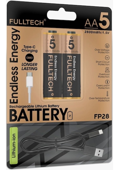 Exenar - Siyah - Şarjlı Kalın Kalem Pil Aa Şarj Edilebilir Pil 1.5v 2800mwh Lityum-ion Kalın Pil Aa 5 Type-c Şarjlı