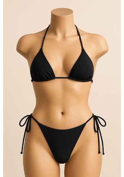 Moda Dua Kadın Siyah Yandan Ve Boyundan Bağlamalı Bikini Mayo Takımı
