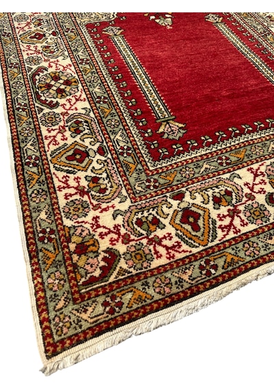 El Dokuması Sıfır Bürüngüz Halısı 107x171 Mihraplı Model Antika Kök Boya Yün Halı Kırmızı