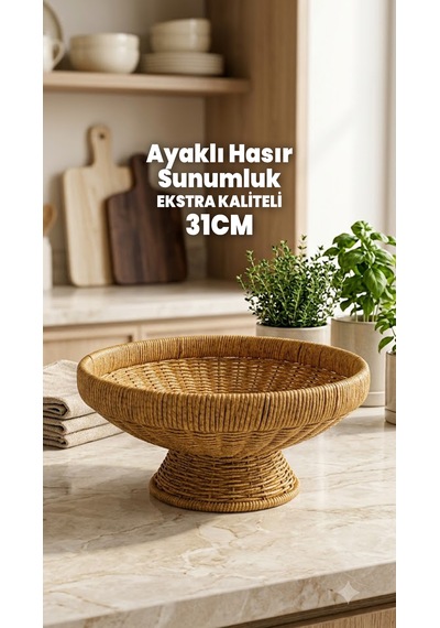 31cm Ayaklı Sunumluk - Dekoratif Meyvelik Çerezlik - Rattan Kase Tabak Sepet - Ekstra Kaliteli Çelik Hasır 31 X 12