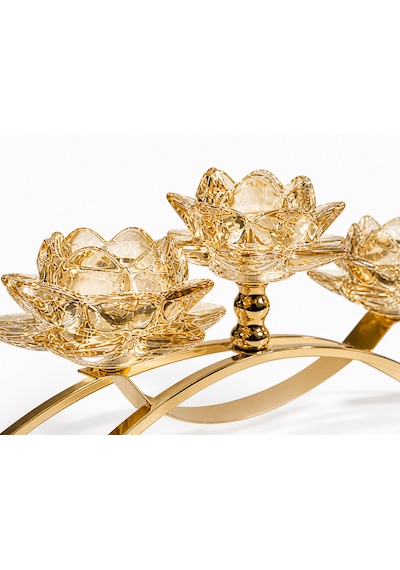 3 Kollu Kristal Cam Köprü Gold Renk Şamdan 40cm Uzunluk / 17cm Yükseklik Amber - Gold