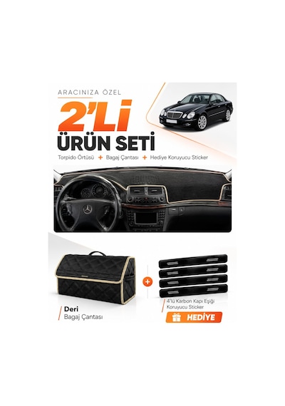 Mercedes W211 E-class 2002-2009 Uyumlu Torpido Örtüsü + Deri Bagaj Çantası + Sticker - Siyah Bej