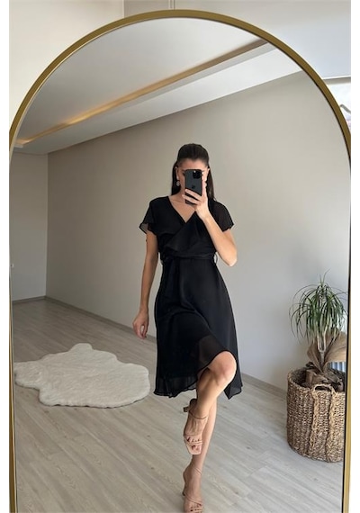 Neşeli Butik Kadın V Yaka Kuşaklı Mini Şifon Elbise Nm007 Siyah