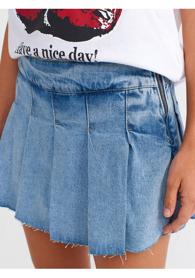 Dilvin Yandan Fermuarlı Pileli Denim Şort Etek Mavi