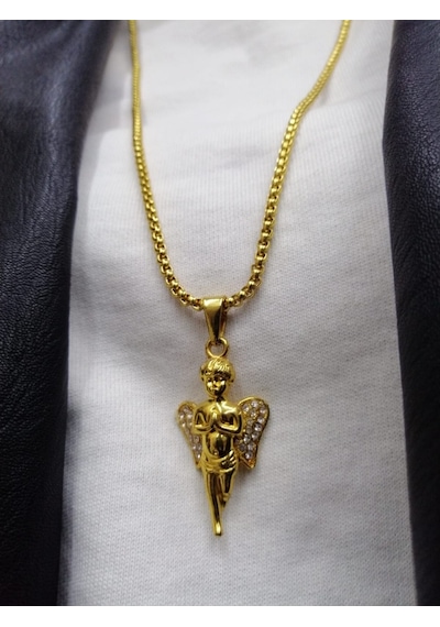 Taşlı Gold Melek Kolye Altın
