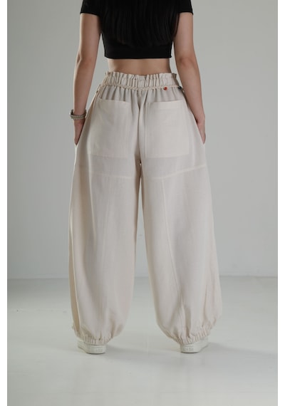 Cocopelli Tasarım Keten Bej Baggy Pantolon Coc1291 Bej
