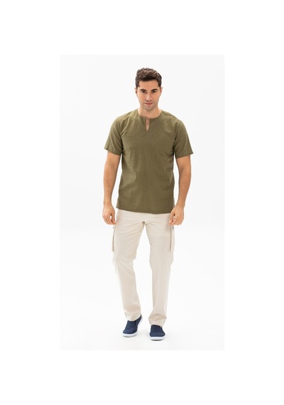 Kısa Kol Şile Bezi Bisiklet Yaka Erkek Tshirt Haki 3049