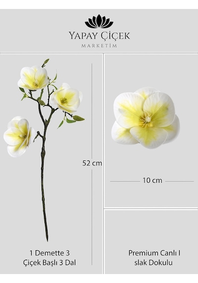 Beyaz Yapay Manolya Çiçeği 3 Dallı Premium Canlı Islak Dokulu 52 Cm
