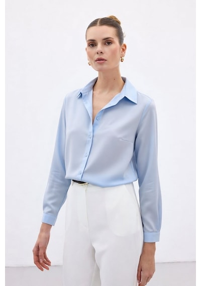 Sateen Düz Klasik Gömlek - Mavi-136998 Mavi